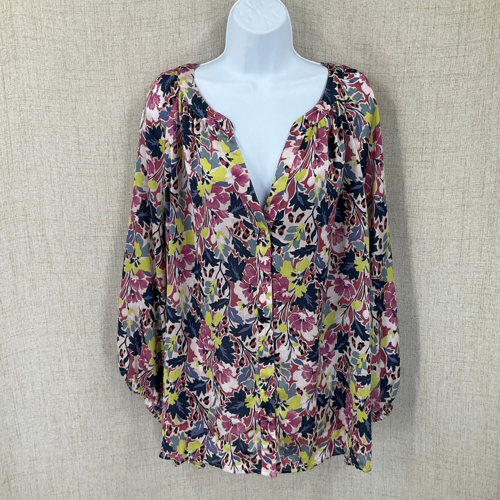 Vince Camuto Blouse Women 3X Multicolor Floral V-Neck Button Front Boho Classic